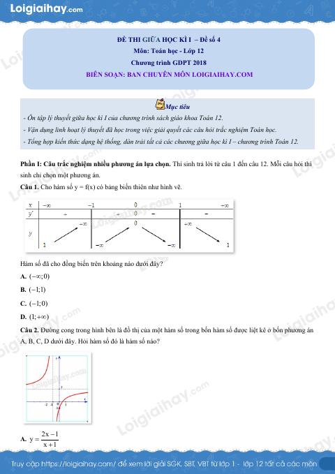 Đề thi giữa kì 1 Toán 12 - Đề số 4